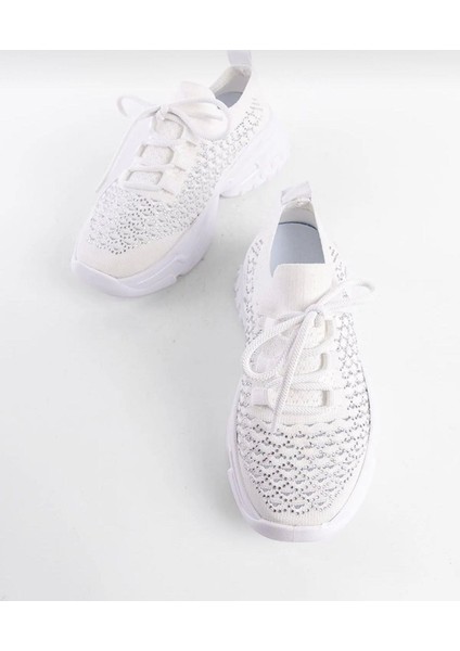 Bağcıklı Taş Desenli Kadın Spor Ayakkabı-Beyaz fiyatları