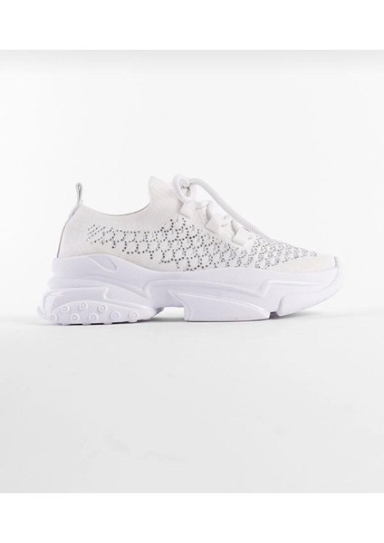 Bağcıklı Taş Desenli Kadın Spor Ayakkabı-Beyaz fırsatları