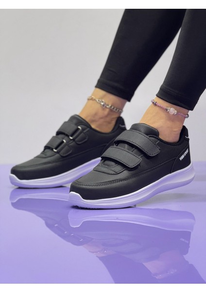 Kadın Bantlı Fuspetli Faylon Taban Spor Ayakkabı-Siyah-Beyaz