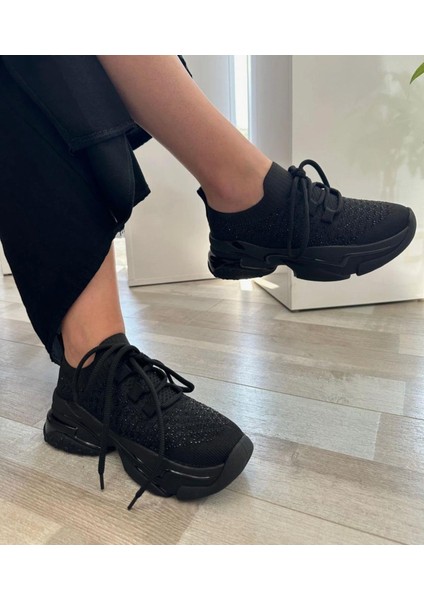 Bağcıklı Taş Desenli Kadın Spor Ayakkabı-Siyah modelleri