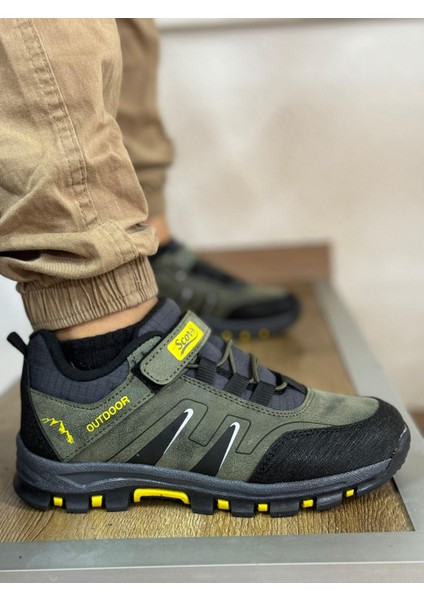 Bantlı Kısa Çocuk Spor Outdoor Ayakkabı-Haki-Sarı
