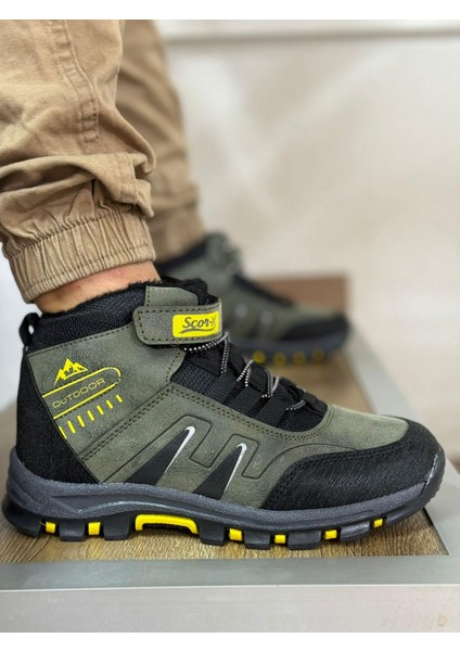 Bantlı Unisex Uzun Çocuk Spor Outdoor Ayakkabı-Haki-Sarı