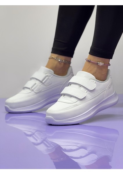 Kadın Bantlı Fuspetli Faylon Taban Spor Ayakkabı-Beyaz