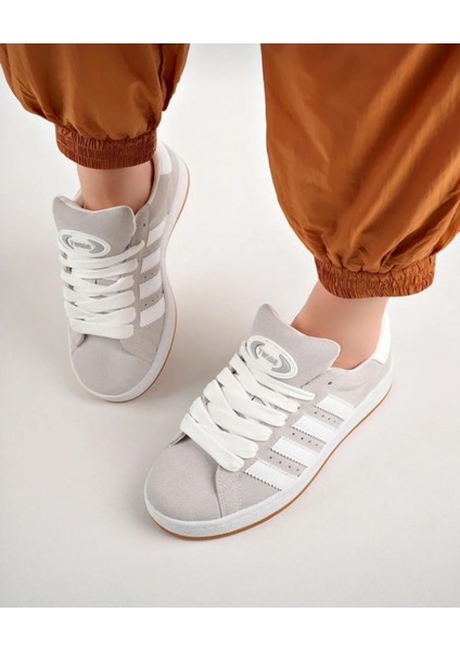 Unisex Klasik Bağcıklı Ortopedik Spor Sneaker Ayakkabı-Füme-Beyaz