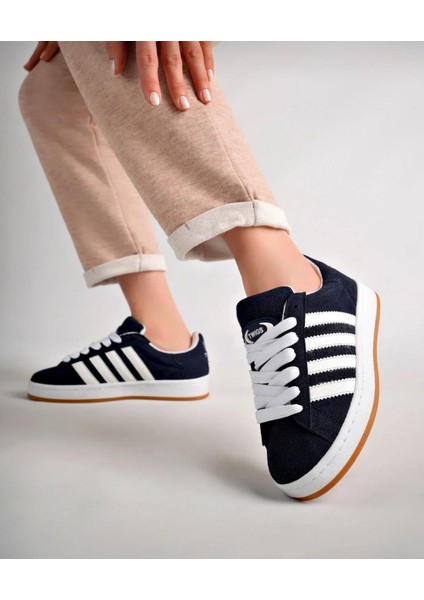 Kadın Unisxe Klasik Bağcıklı Ortopedik Spor Sneaker Ayakkabı-Lacivert-Beyaz