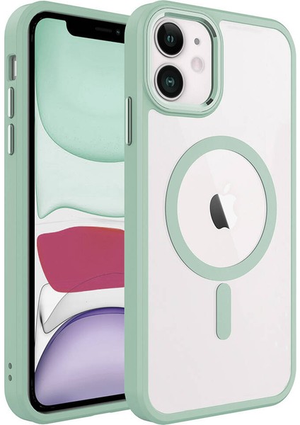 Apple iPhone 11 Uyumlu Kılıf Wireless Şarj Özellikli Krom Magsafe Silikon Kapak, Yeşil