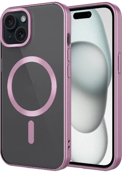 Apple iPhone 15 Uyumlu Kılıf Mat Tasarımlı Magsafe Wireless Şarj Özellikli Mat Setro Kapak, Pembe