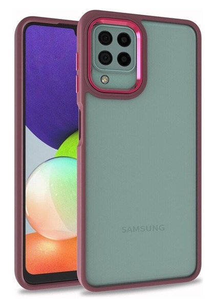 Samsung Galaxy A12 Uyumlu Kılıf Sert Silikon Renkli Şerit Tasarımlı Parlak Flora Kapak, Kırmızı