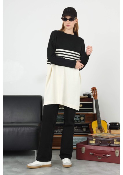 Çizgili Triko Kazak Siyah-Ekru modelleri