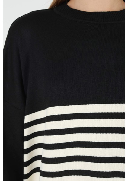 Çizgili Triko Kazak Siyah-Ekru indirimleri