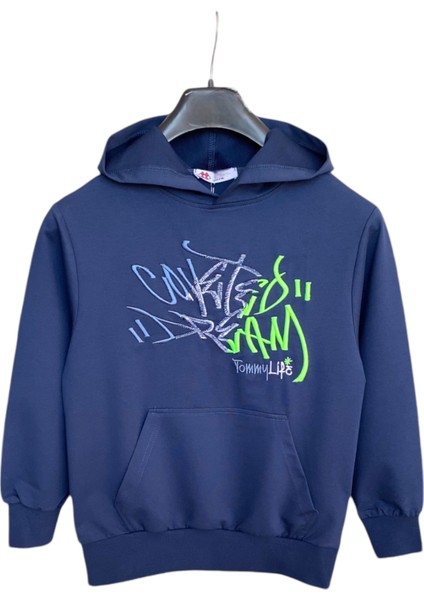Erkek Çocuk Kapüşonlu Yazı Nakışlı Lacivert Sweatshirt