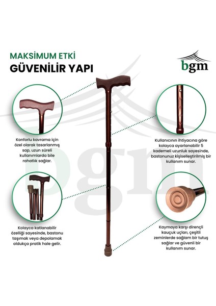 Baston Katlanabilir Denge Bastonu Yüksek Kalite Ayarlanabilir Kahverengi-Bronz Baston