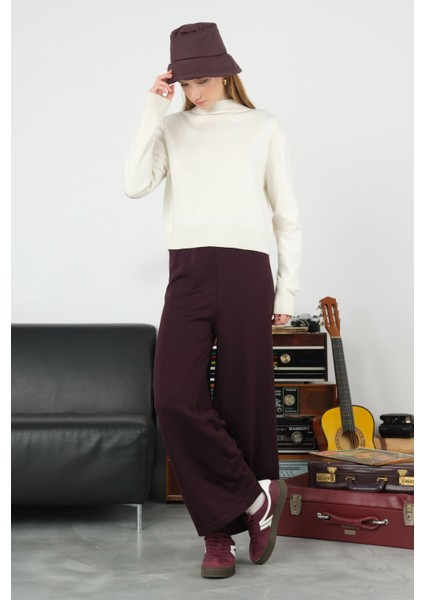 Beli Lastikli Triko Pantolon Koyu Mürdüm