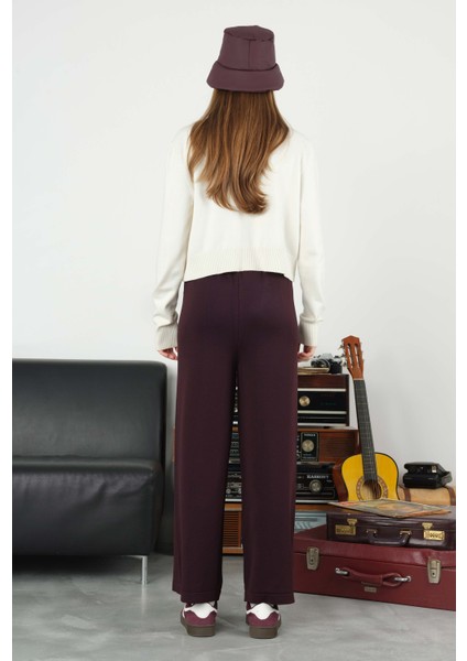 Beli Lastikli Triko Pantolon Koyu Mürdüm modelleri