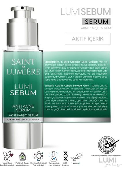 LUMISEBUM Akne, Siyah Nokta ve Leke Karşıtı, Sebum Dengeleyici Matlaştırıcı ve Nemlendirici Serum 30 ml