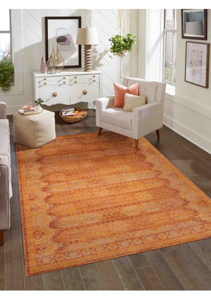 Antik 1115 Klasik Vintage Salon Halısı Turuncu Retro Mutfak Halısı Tozumaz İnce Makine Halısı 100x200