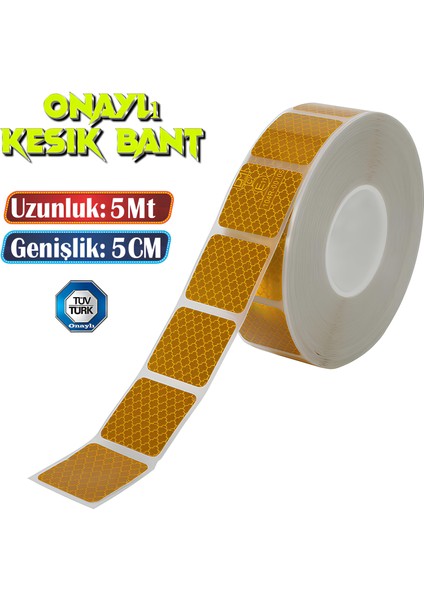 Tüvtürk Onaylı 5 Metre Sarı Parçalı Reflektörlü Reflektif Fosforlu Şerit Bant Kesikli İkaz Bandı