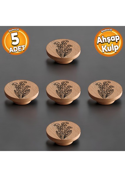 Ahşap Kulp Düğme Lale Desenli Çocuk Odası Çekmece Mutfak Mobilya Dolap Kulpları 5 Adet