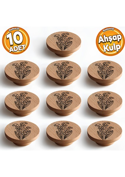 Ahşap Kulp Düğme Lale Desenli Çocuk Odası Çekmece Mutfak Mobilya Dolap Kulpları 10 Adet