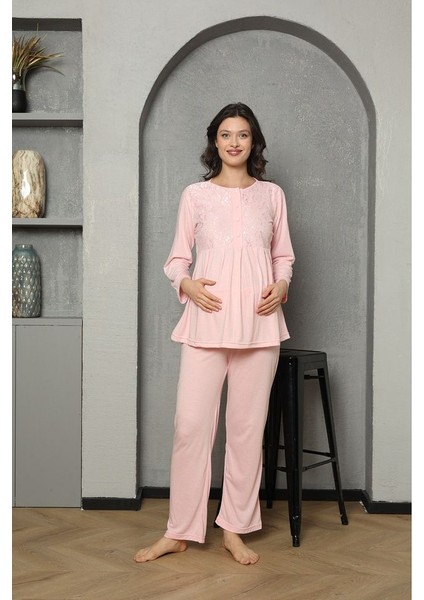 Göğüs ve Omuz Dantel Detaylı Kadın Hamile Pijama Takımı 1030