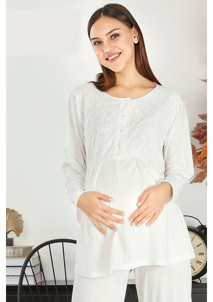 Göğüs ve Omuz Dantel Detaylı Kadın Hamile Pijama Takımı 1030