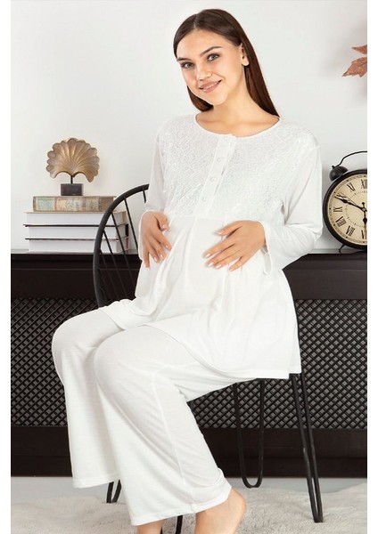 Göğüs ve Omuz Dantel Detaylı Kadın Hamile Pijama Takımı 1030