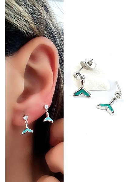 Italyan Tasarımı 925AYAR Gümüş Turkuaz Taşlı Balık Kuyruğu Minimal Küpe