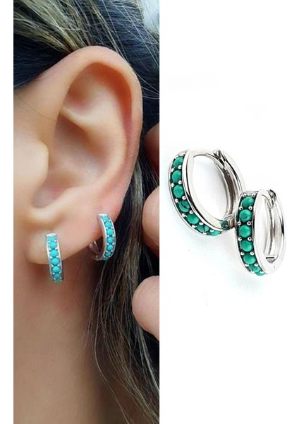 Italyan Tasarımı 925AYAR Gümüş Turkuaz Taşlı Halka Küpe