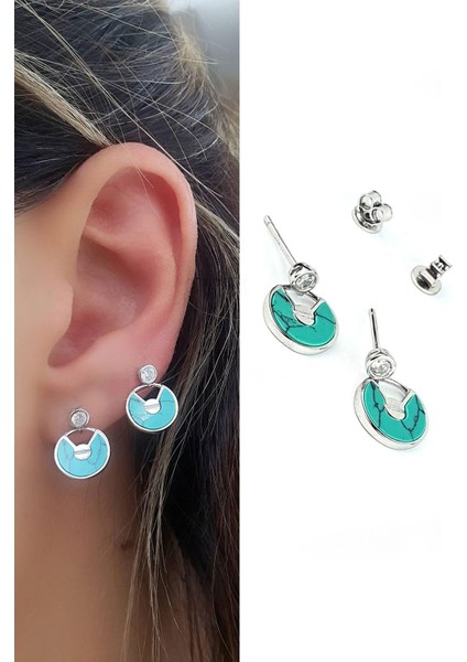 Turkuaz Taşlı Italyan 925 Ayar Gümüş Minimal Küpe