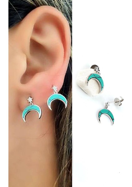 Italyan Tasarımı 925 Ayar Gümüş Turkuaz Taşlı Hilal Küpe