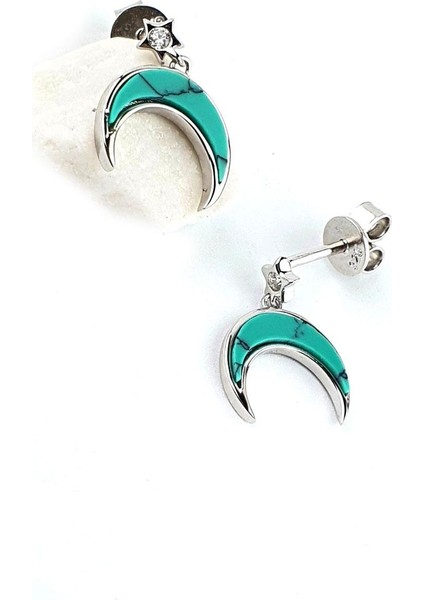 Italyan Tasarımı 925 Ayar Gümüş Turkuaz Taşlı Hilal Küpe fiyatları