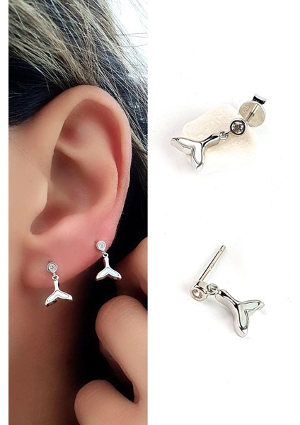 Italyan Tasarımı 925AYAR Gümüş Sedef Taşlı Balık Kuyruğu Minimal Küpe