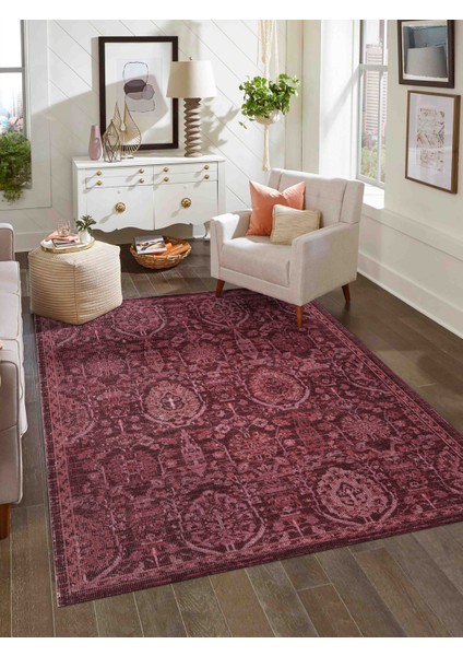 Antik 1116 Klasik Vintage Salon Halısı Bordo Retro Mutfak Halısı Tozumaz İnce Makine Halısı 100x300