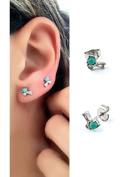 Italyan Tasarımı 925AYAR Gümüş Turkuaz Taşlı Tasarımı Küpe