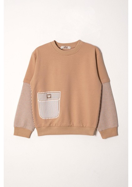 Cebi Kolları Çizgili Vizon Renk Erkek Çocuk Sweat