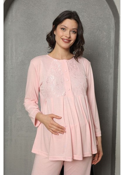 Saray Incisi Göğüs Dantel Detaylı Kadın Hamile Pijama Takımı 1032