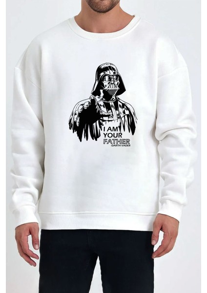 Vader Baskılı Beyaz Unisex Kadın Erkek Pamuklu Sweatshirt CU262