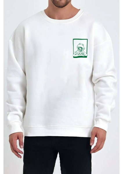 Yeşil Kurbağa Baskılı Beyaz Unisex Kadın Erkek Pamuklu Sweatshirt CU259 fiyatları