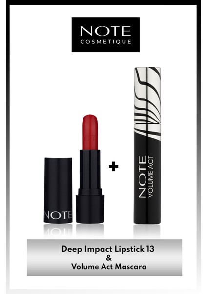 Deep Impact Lipstick Parlak Ruj 13 Impressive Red - Kırmızı & Volume Act Maskara Makyaj Seti