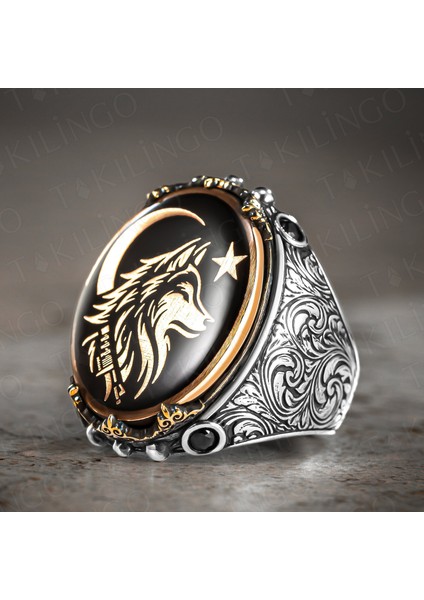 925 Ayar Gümüş Kurt Motifli Ayyıldız Figürlü Kalem Işlemeli Erkek Yüzük