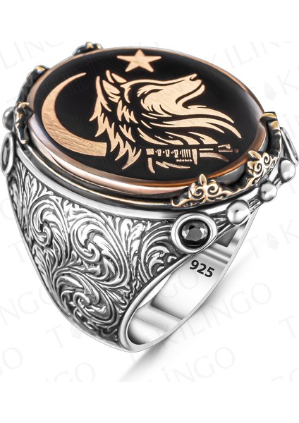 925 Ayar Gümüş Kurt Motifli Ayyıldız Figürlü Kalem Işlemeli Erkek Yüzük fiyatları