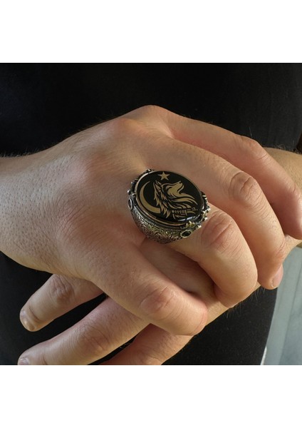 925 Ayar Gümüş Kurt Motifli Ayyıldız Figürlü Kalem Işlemeli Erkek Yüzük modelleri