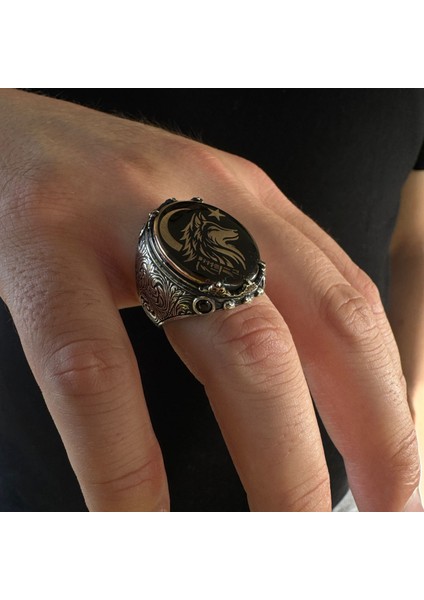 925 Ayar Gümüş Kurt Motifli Ayyıldız Figürlü Kalem Işlemeli Erkek Yüzük fırsatları