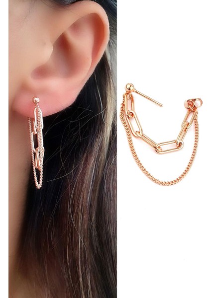 Italyan 925AYAR Gümüş Üzerine Rose Altın Kaplama Trend Tek Zincir Küpe