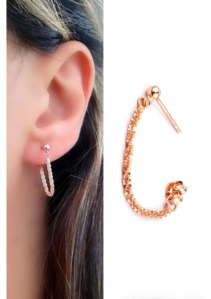 Italyan 925AYAR Gümüş Rose Altın Kaplama Tasarım Zincir Tek Küpe