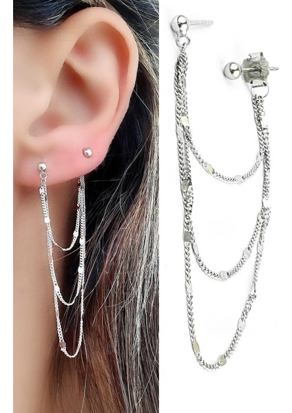 925AYAR Gümüş Tasarım Zincir Tek Küpe