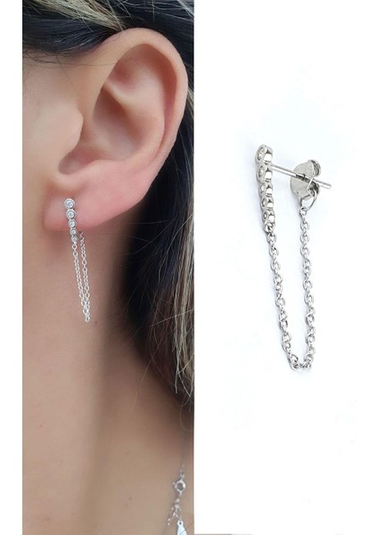 Zirkon Taş Detaylı 925AYAR Gümüş Zincir Detaylı Tek Küpe