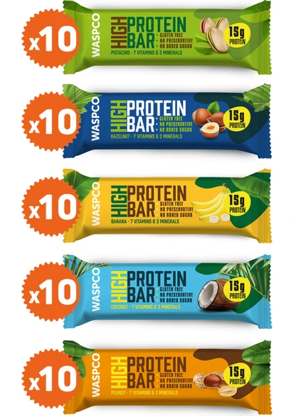 Yüksek Protein Bar 50g Karma Kutu 50 Adet (5 Çeşit)