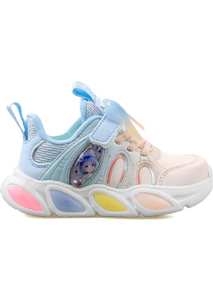PK24 1830 Pudra Bebe Mavi Çocuk Günlük Işıklı Ayakkabı PK24-1830-PUDRA-BEBE-MAVI Renkli