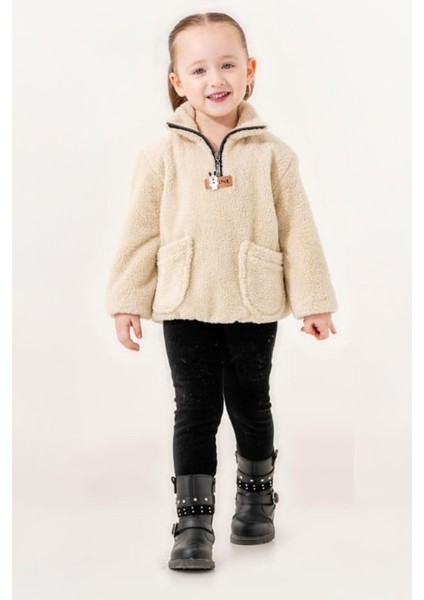 (2-9 Yaş) Cepli Peluş Kız Çocuk takım - Bej
